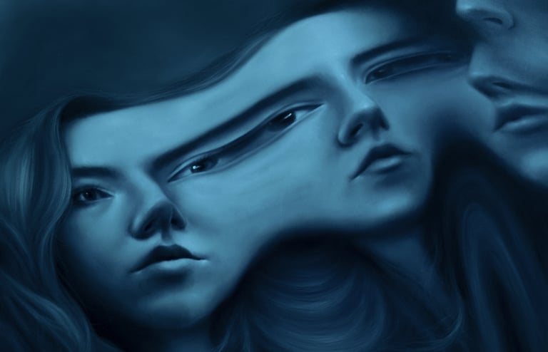 distorted self-portraits, exploring themes of identity and psychological fragmentation