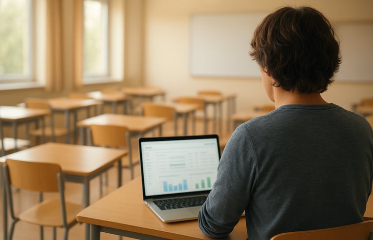 Eenzame leerkracht achter dashboard in lege klas.