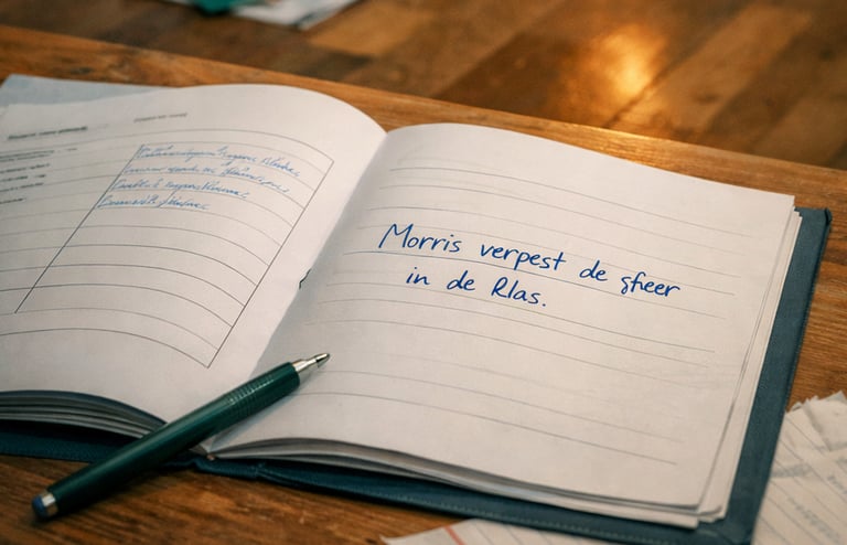 Op tafel ligt een schoolrapport open met handgeschreven opmerking