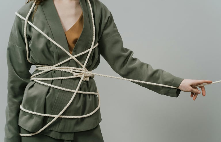 Persoon verstrengeld in touw, symbool voor het dilemma tussen regels en menselijkheid.