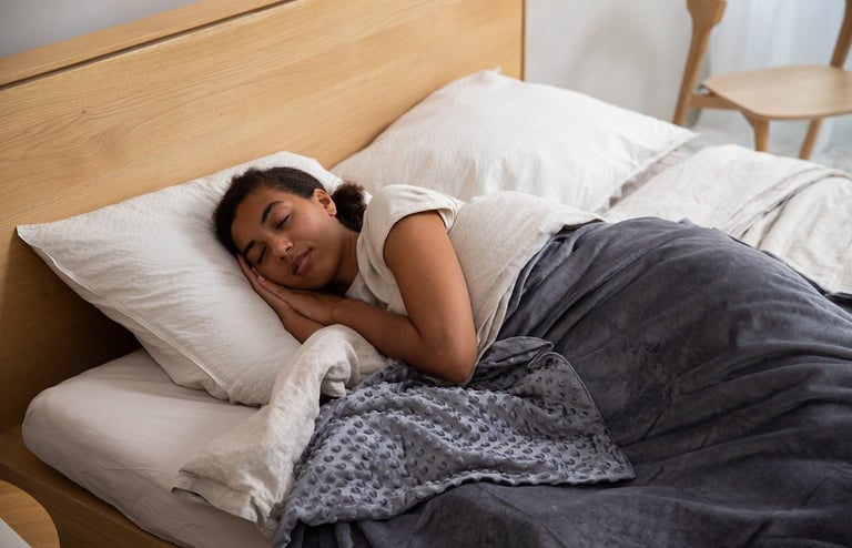 a woman is sleeping in a bed with big pillow 