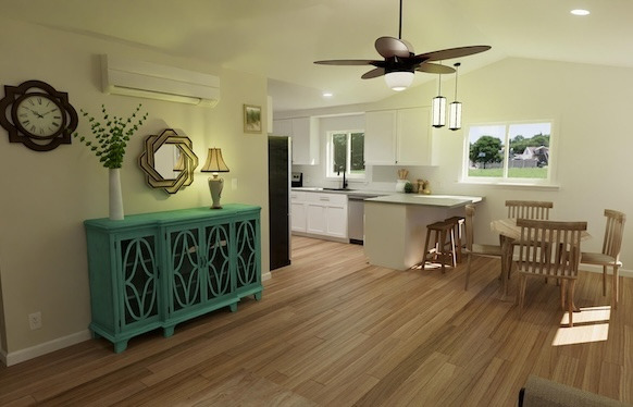 Render of open concept kitchen and dining room with hardwood floors and a teal sideboard.