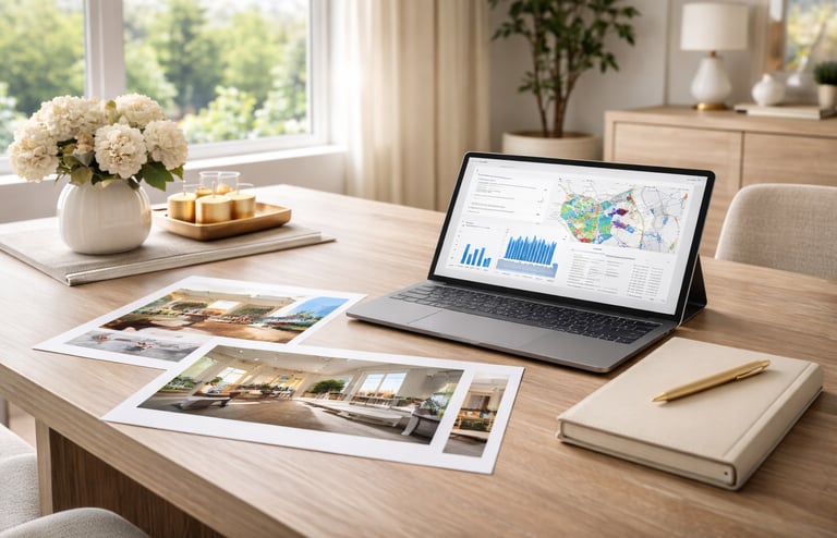 Manos navegando un mapa interactivo de propiedades en venta representando la búsquda