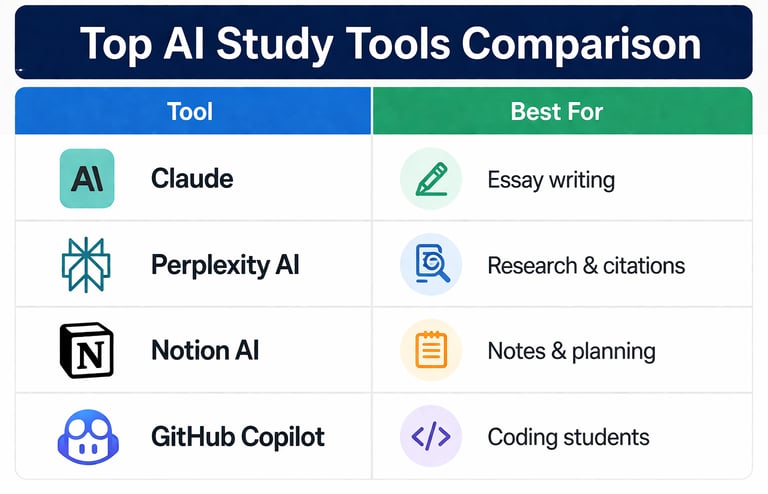 AI Study Tools Better Than ChatGPT comparison table for students in 2026