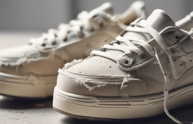 Distressed cream-colored canvas sneakers with frayed edges and thick soles on a concrete surface.