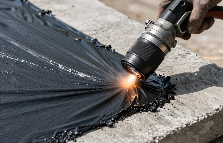 Close-up of technical waterproofing application on a concrete slab, showing dark asphaltic membrane being heat-torched precisely