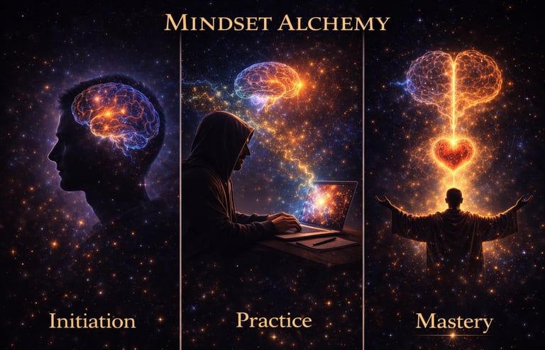 Mindset Alchemy illustration showing stages of Initiation, Practice, and Mastery with cosmic brain energy.