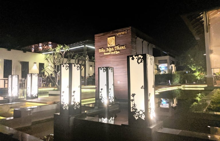 Night photo of the front of the BHU NGA THANI RESORT & VILLAS on Railay Beach