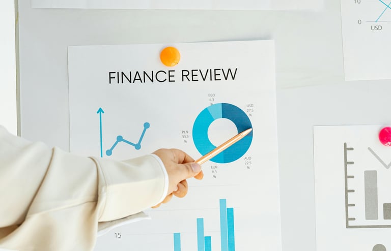 a person pointing at a business presentation on a white board