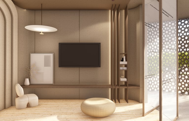 Minimal TV lounge with curved wall, UAE home design by Moori Interiors