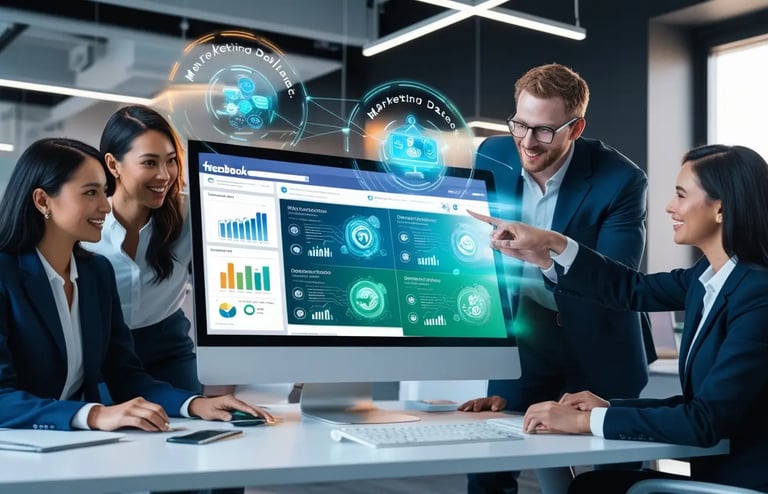 Equipo de trabajo en una oficina moderna colaborando frente a una computadora con hologramas de datos de marketing digital, m