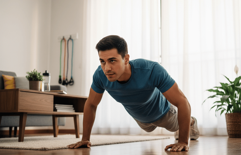 chico principiante haciendo flexiones en casa