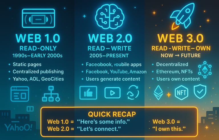 A neon-colored infographic showing the evolution from Web1 to Web3. Web1 is labeled “Read-Only” with