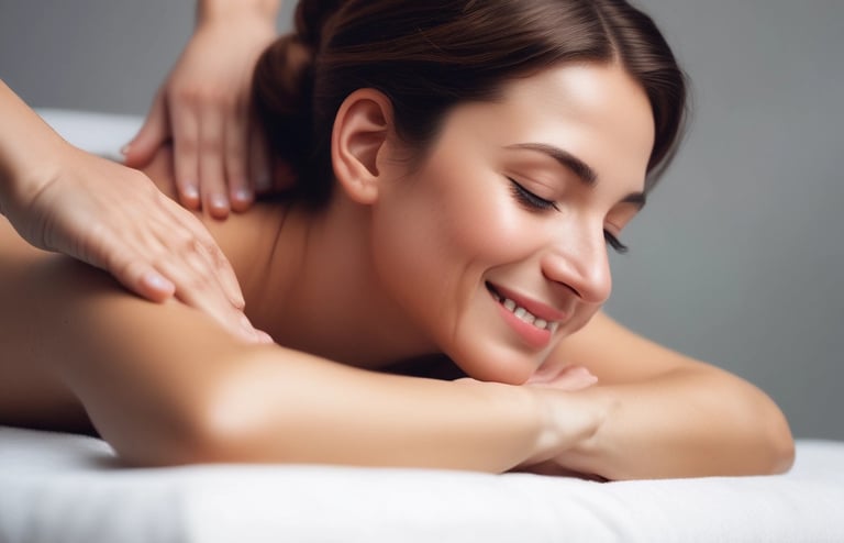 visage souriant de bien-être émotionnel d'une femme recevant un massage californien enveloppant