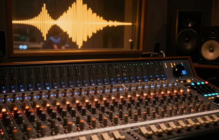 A moody film set illuminated by soft amber lights, capturing a director and crew in action.