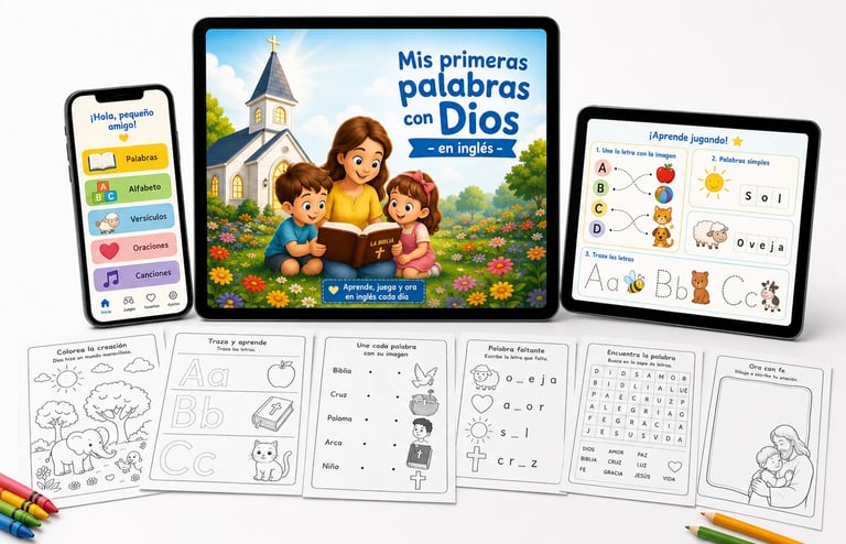 Educational Bible app and Spanish religious activity worksheets for children featuring bilingual learning tools.