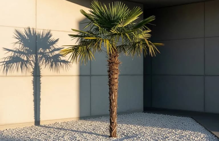 Detalle minimalista de chamaerops excelsa en jardín moderno