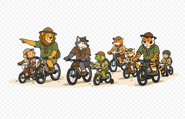 Group of riders of all ages, abilities and sizes.