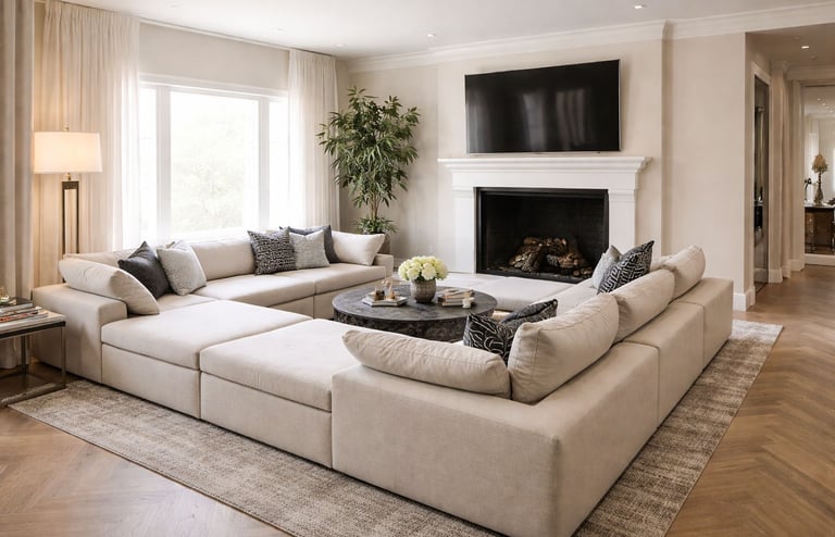 Custom deep lounge sectional in a refined neutral living room by Solo Home Decor