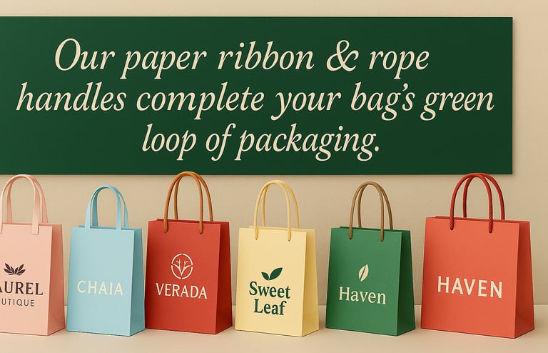 Eco-friendly paper ribbon and rope handles on  colorful shopping bags by Hanxia Factory