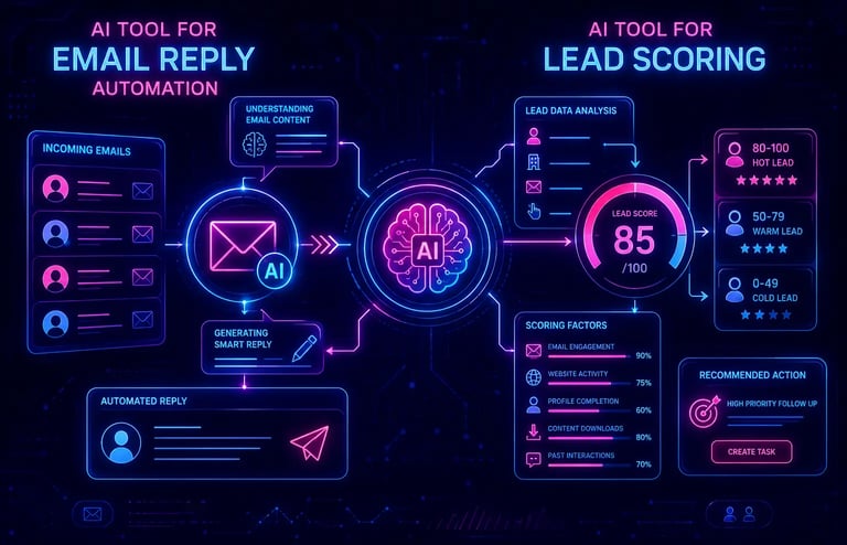 Infographic showing AI tools for email reply automation and lead scoring with data analytics.