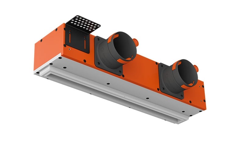 ERGOVENT LINEO-500 linear diffuser body showing dual duct connections and mounting frame product view