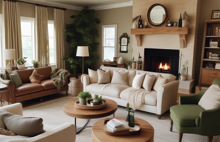 a living room with a fireplace and a fireplace