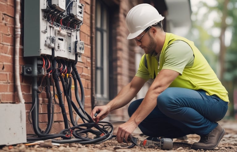 Electrician fixing wiring outdoors with tools and safety gear