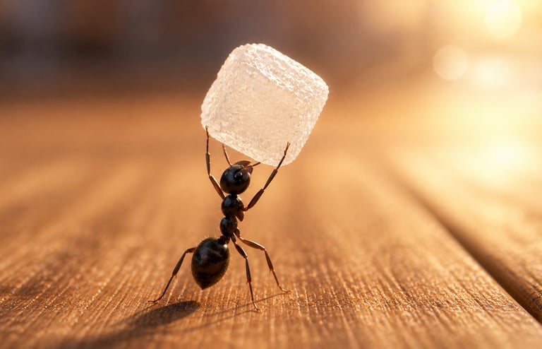 A tiny black ant lifting a large sugar cube on a wooden surface in golden sunlight.