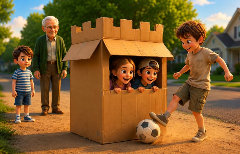 Children playing soccer and hiding in a cardboard box fort outside with their grandfather.