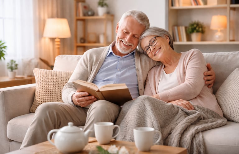 Deux personnes âgées assises confortablement sur un canapé, illustrant les solutions et produits de 