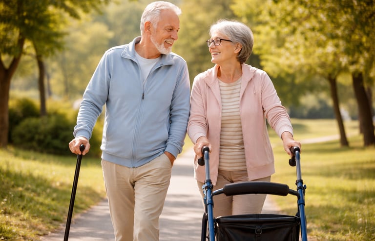 Un senior utilisant une canne et une senior avec un déambulateur, illustrant les aides à la mobilité