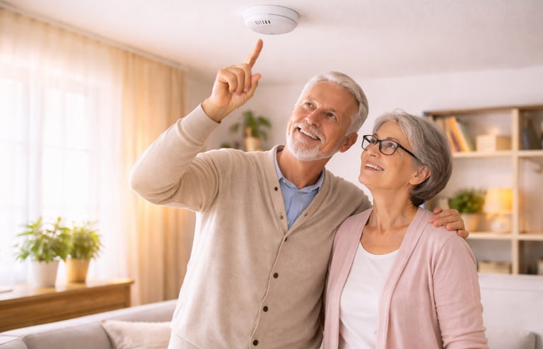 Un homme montrant un détecteur de fumée à une femme âgée, illustrant les équipements de sécurité ess
