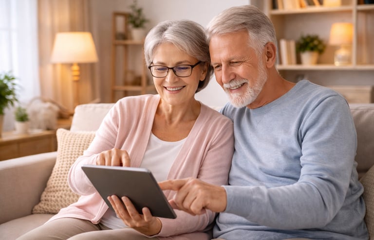 Deux seniors consultant une tablette numérique, exemples de technologies et aides connectées pour se