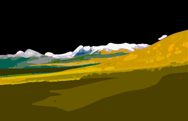 a mountain scene with a mountain range in the background