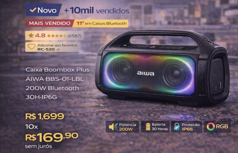 Aiwa BBS-01-LBL Boombox Plus bluetooth speaker with RGB lighting and 200W power on a textured surface.