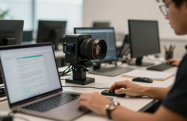 Close-up photography of a professional workstation in a Brazilian tech hub. The scene features high-end technology, soft natural lighting, and a feeling of impending digital transformation, focusing on modern efficiency.