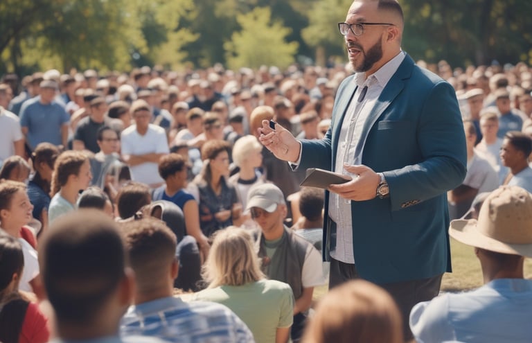 Volunteers handing out food and Bibles to people in a neighborhood setting.