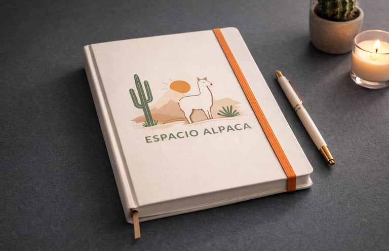 Minimalist Espacio Alpaca journal with cactus illustration, white pen, and lit candle on a dark desk.