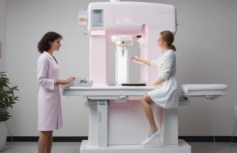A medical examination room with a computer on a desk, storage shelves filled with medical supplies, and a BMI chart on the wall. The desk contains various bottles, papers, and electronic equipment. The room is equipped with medical gloves and a sharps disposal container mounted on the wall.