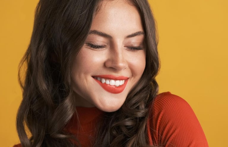 woman wearing red teeth whitening