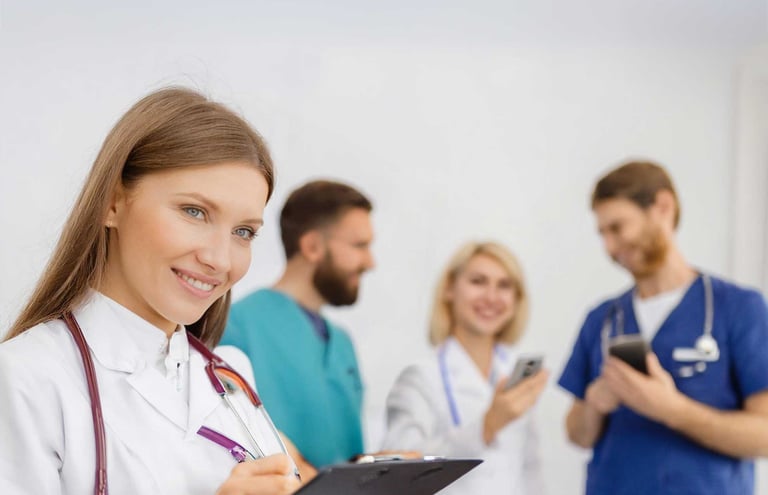 Doctor taking notes on clipboard and a group of doctors smiling in the background