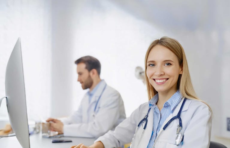 a woman doctor in a lab coat using a computer