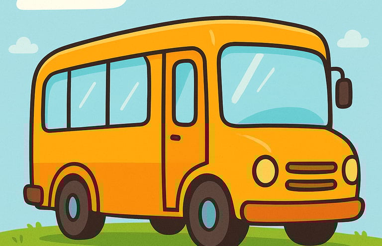 a yellow school bus with a blue sky and clouds