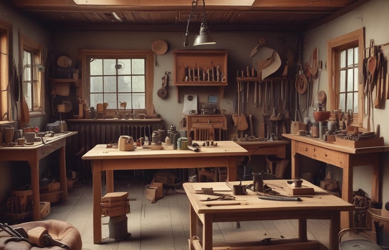 A rustic workshop filled with various antique tools mounted on wooden walls, featuring a prominent wooden sign on a large, weathered plank that reads 'Coffins Guaranteed Fit' adorned with white flowers. The warm tones of the wooden walls and the presence of tools like saws, axes, and hammers create a vintage, historical atmosphere.