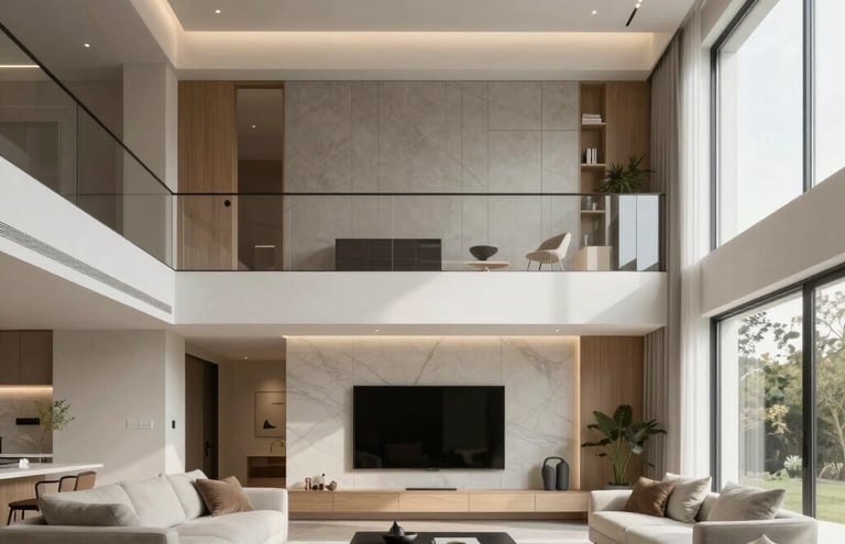 Detailed architectural blueprint overlaying a brutalist style building under renovation with granite and concrete textures.