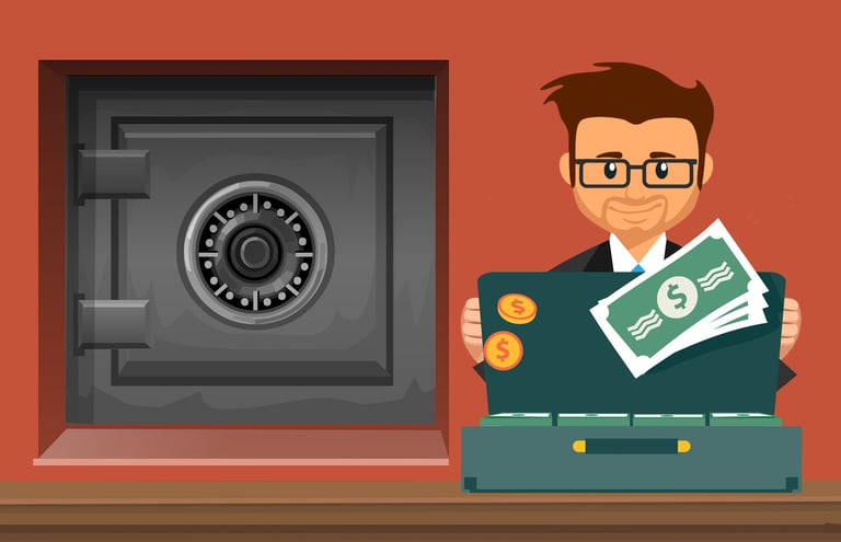 animated cartoon guy with briefcase of money and gold coins and safe in background
