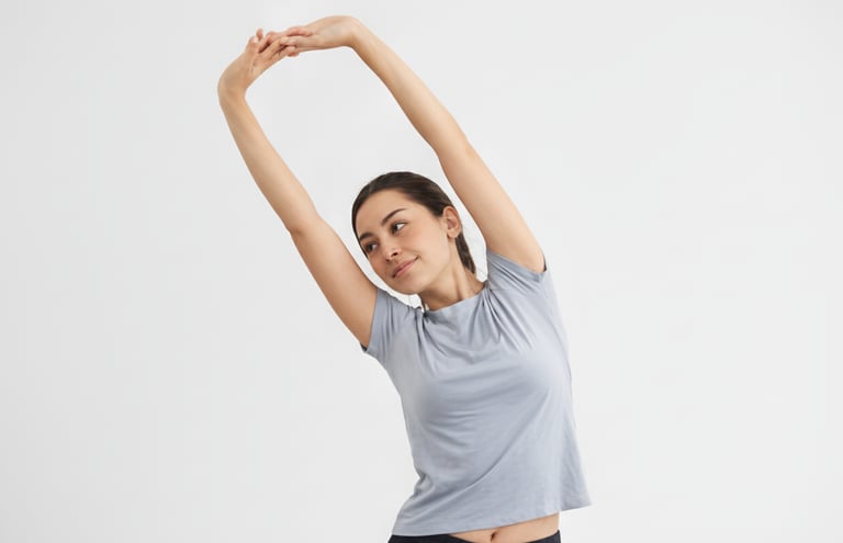 Young woman stretching her arms behind her head with a relaxed expression, wearing a grey t-shirt.