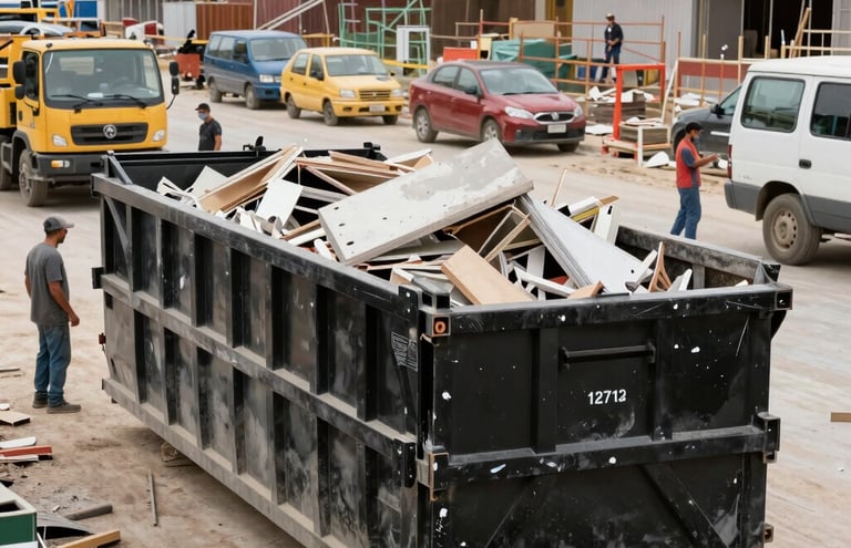 A Black 20 yard roll off dumpster on a construction site with workers throwing demolition into it.