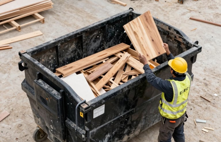 A Black 20 yard roll off dumpster on a construction site with workers throwing demolition into it.